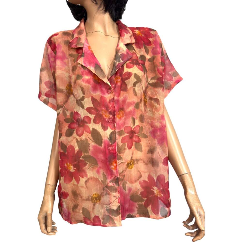 Vintage Sheer Chiffon Button Top Plus Size 20W Watercolor Floral Feminine